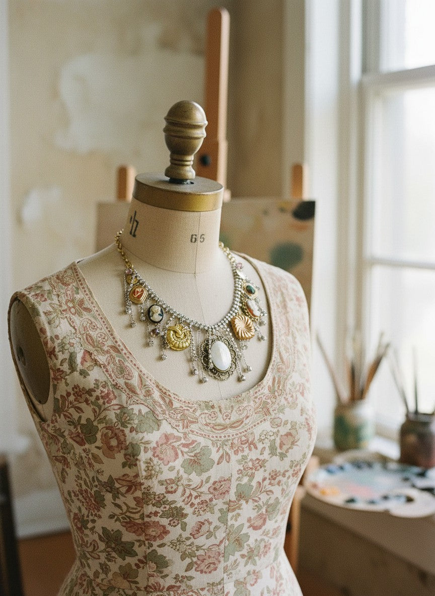 [AI-GEN] OOAK Rhinestone Fringe Vintage Charm Necklace