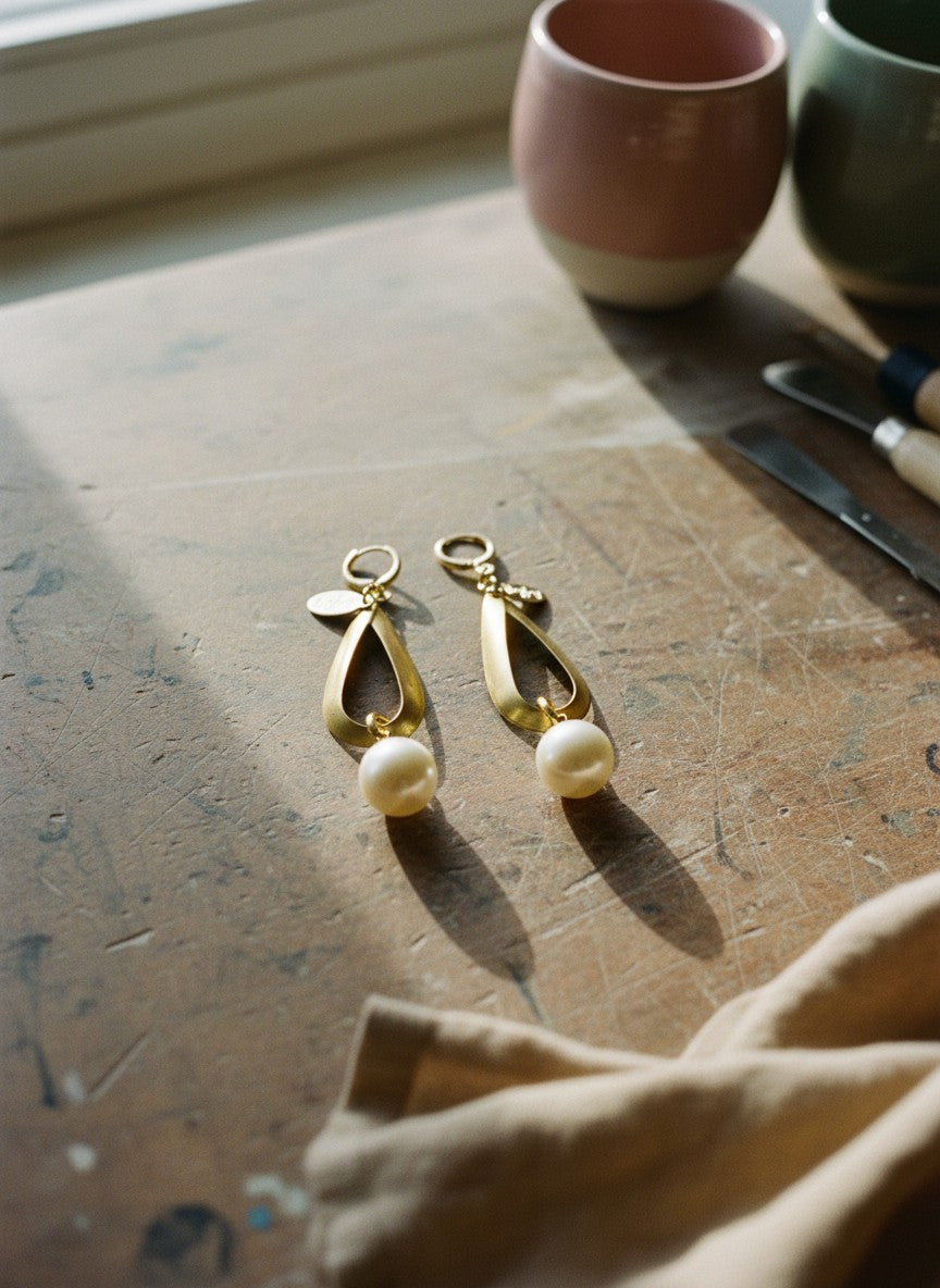 [AI-GEN] Handmade Glass Pearl & Vintage Brass Earrings