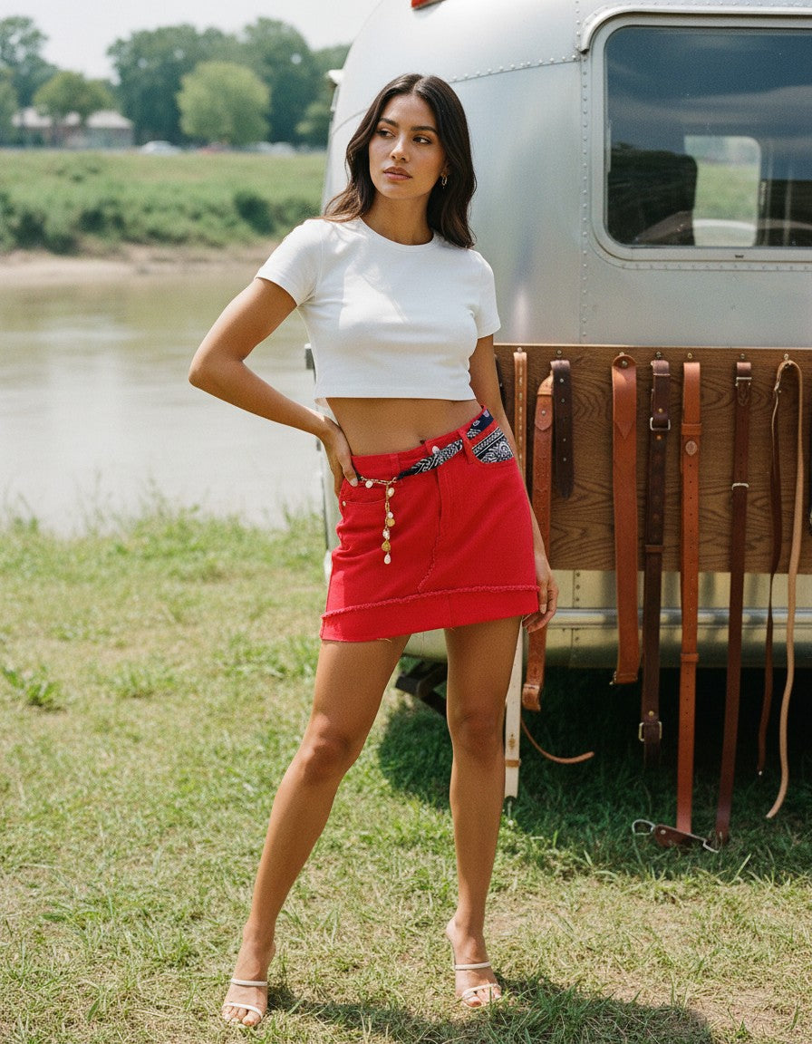 [AI-GEN] OOAK Red Bandana Trim Denim Skirt