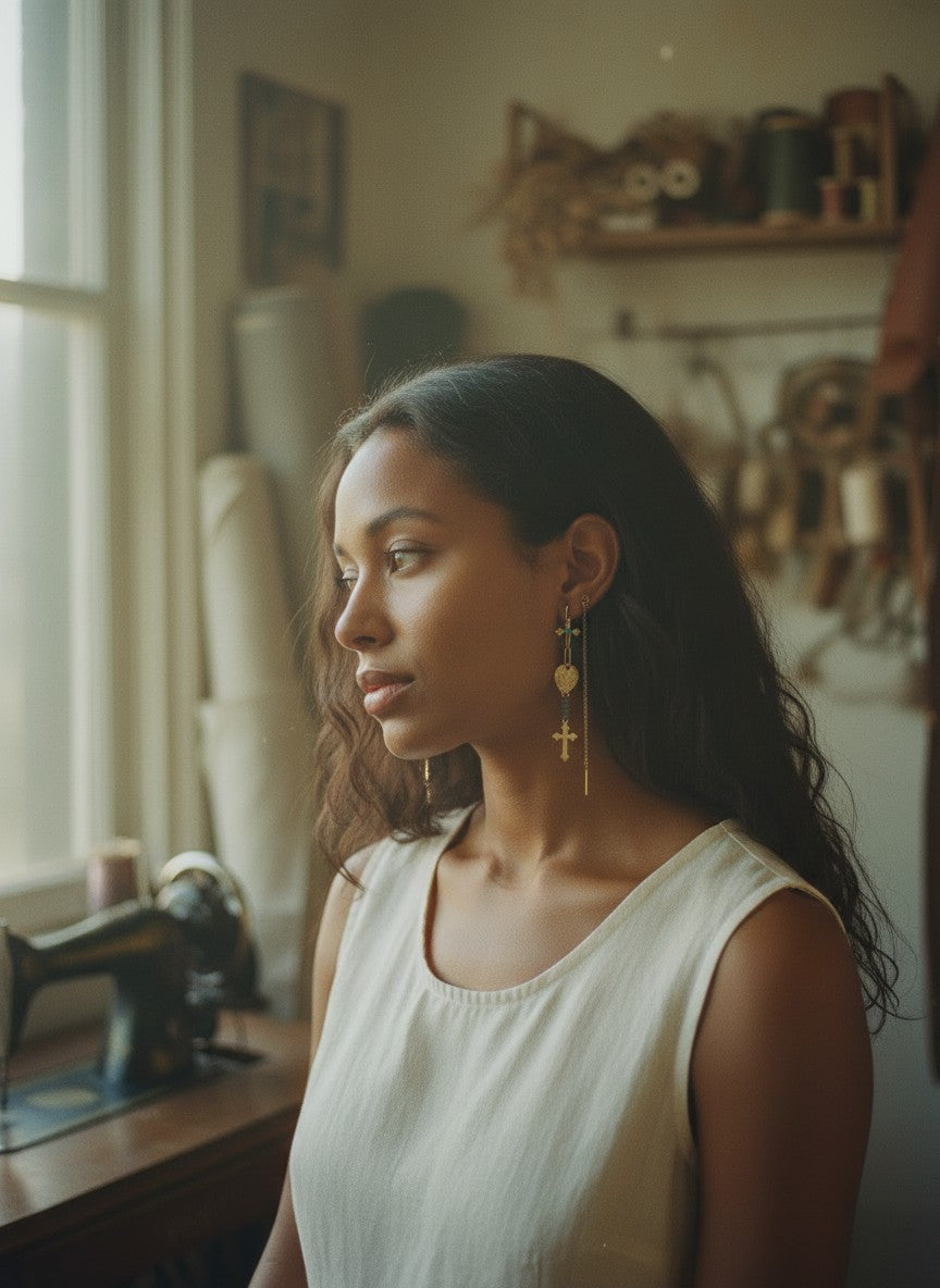 [AI-GEN] Faceted Glass & Cross Mismatch Threader Earrings