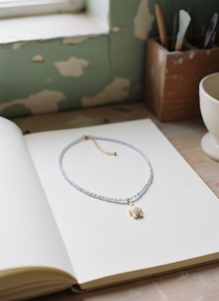 [AI-GEN] Handmade Blue & White Seed Bead Charm Necklace