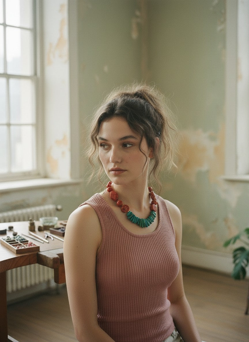 [AI-GEN] OOAK Coral & Amazonite Fringe Statement Necklace