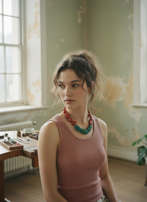 [AI-GEN] OOAK Coral & Amazonite Fringe Statement Necklace
