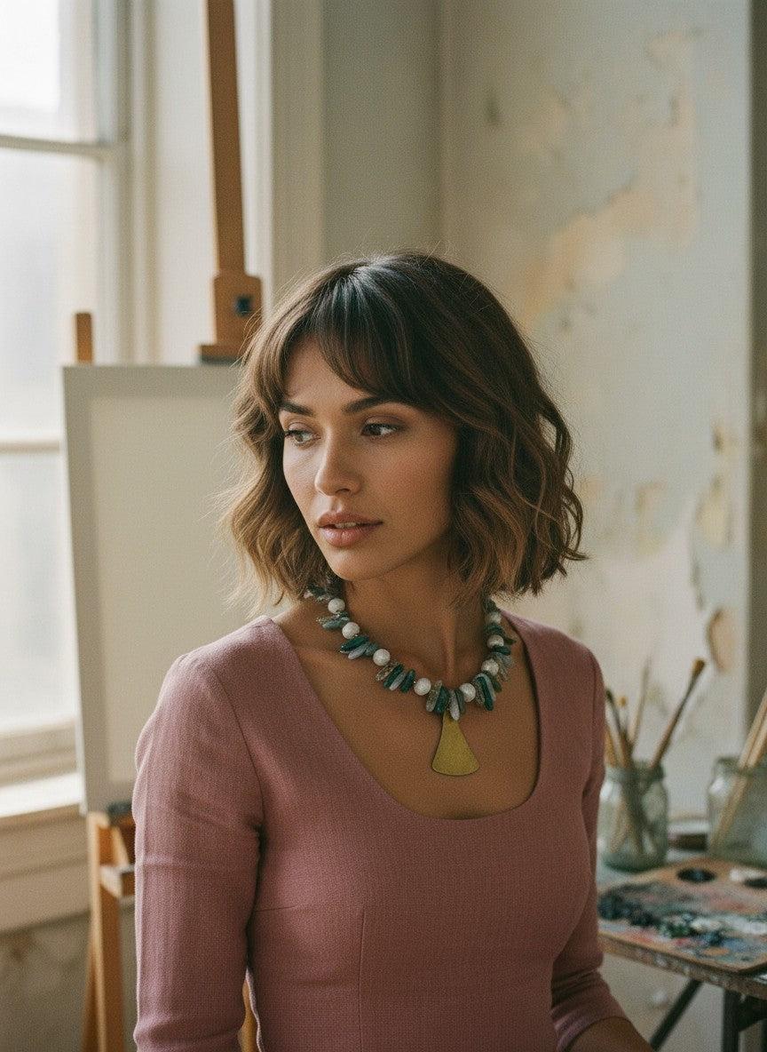 [AI-GEN] OOAK Gemstone Chips & Vintage Brass Pendant Necklace