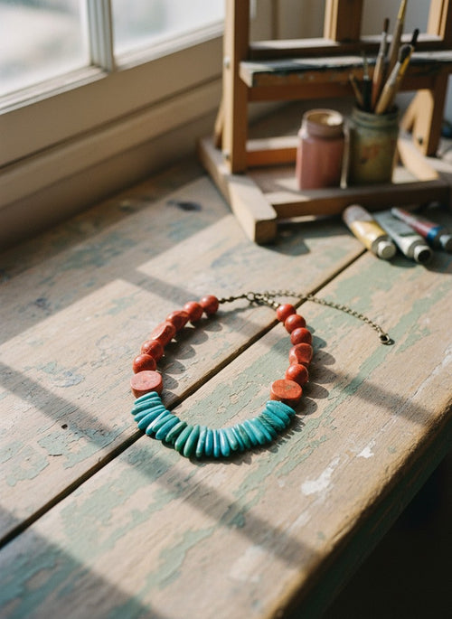 [AI-GEN] OOAK Coral & Amazonite Fringe Statement Necklace
