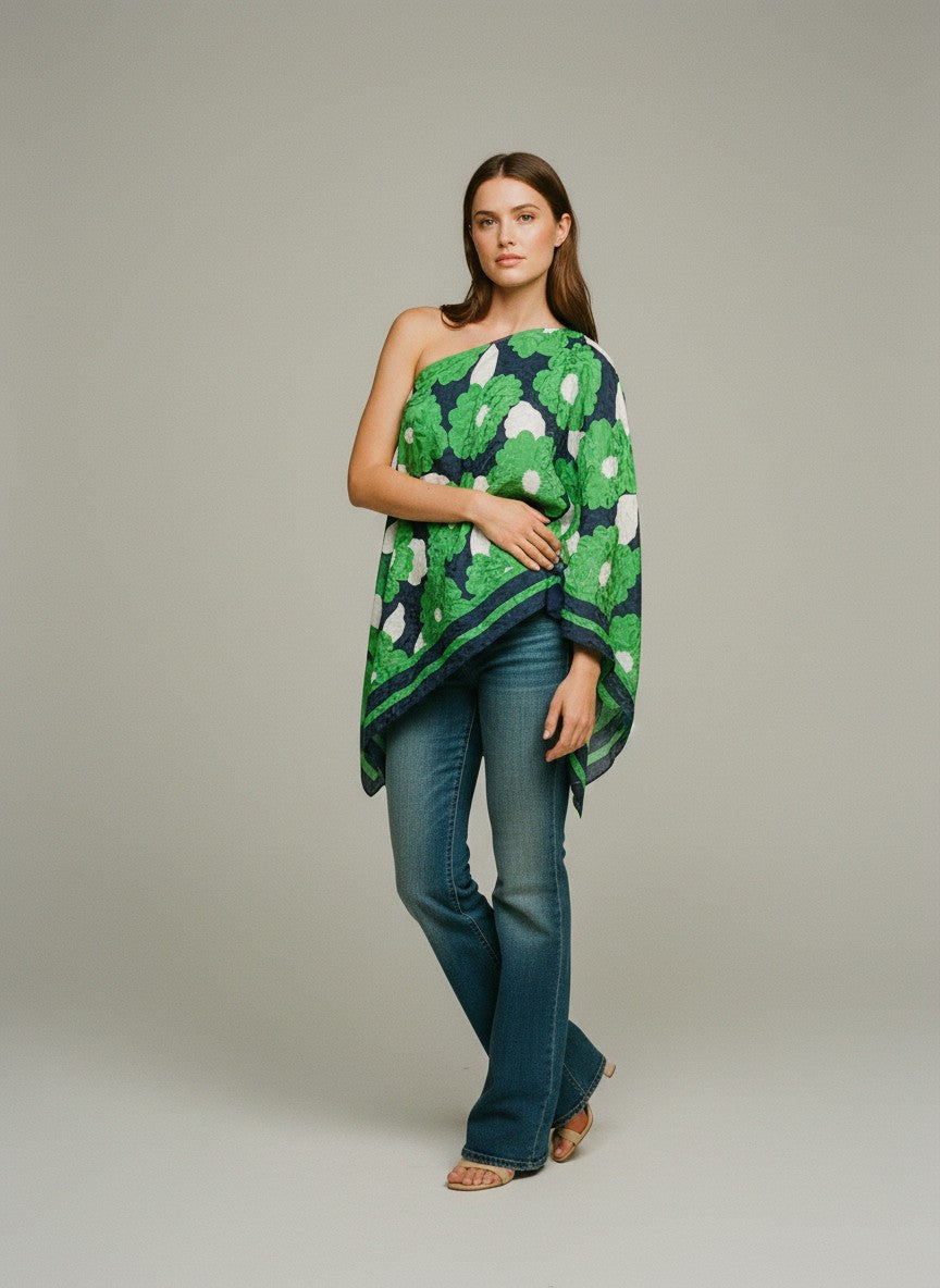 [AI-GEN] OOAK Silk Green Floral Poncho Scarf Top