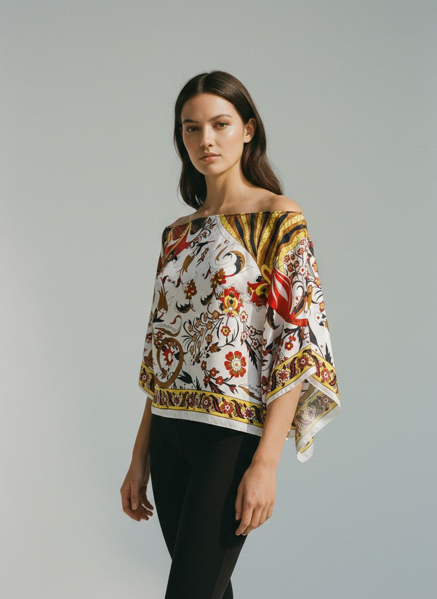 [AI-GEN] OOAK Turkish Silk Printed Poncho Scarf Top