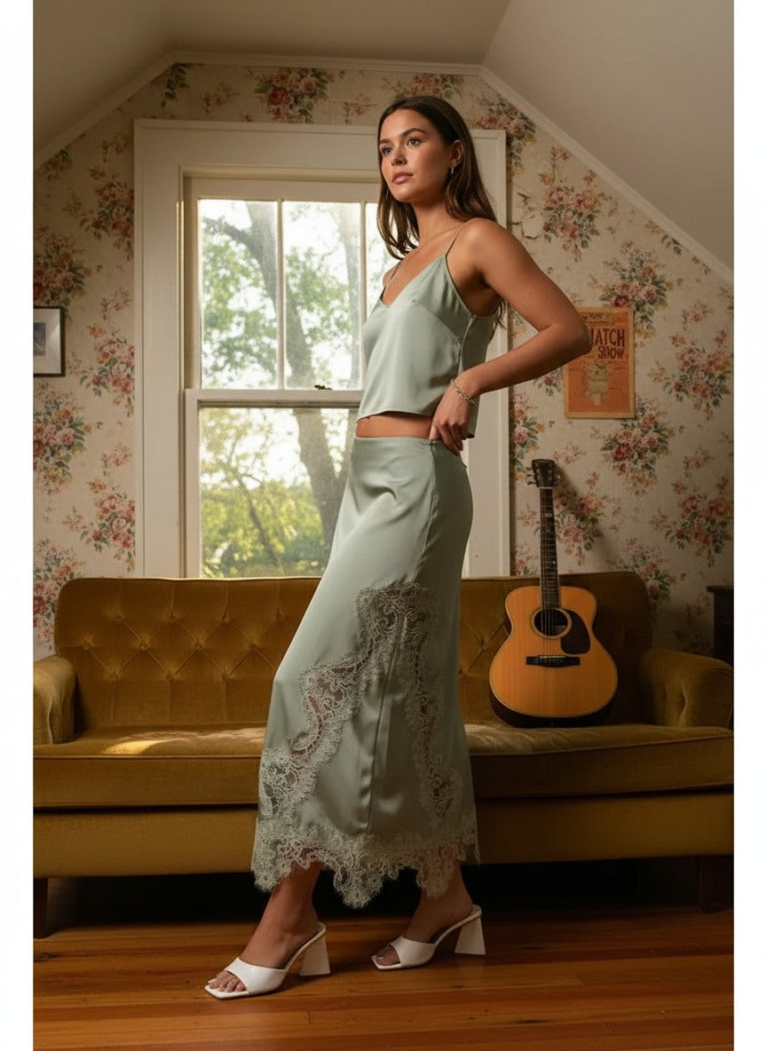 [AI-GEN] Mid Waist Lace Trim Detail Bias Midi Skirt