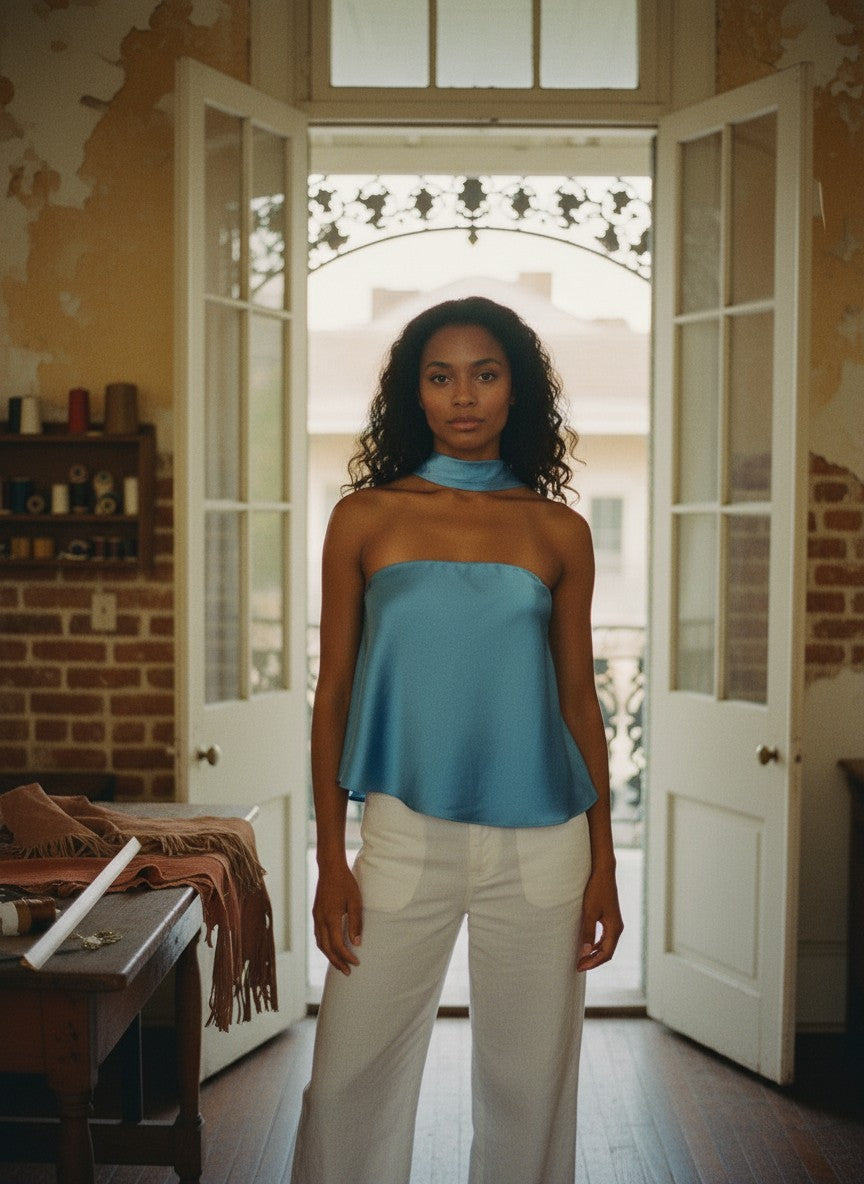 [AI-GEN] Strapless Scarf Detail Bias Satin Top