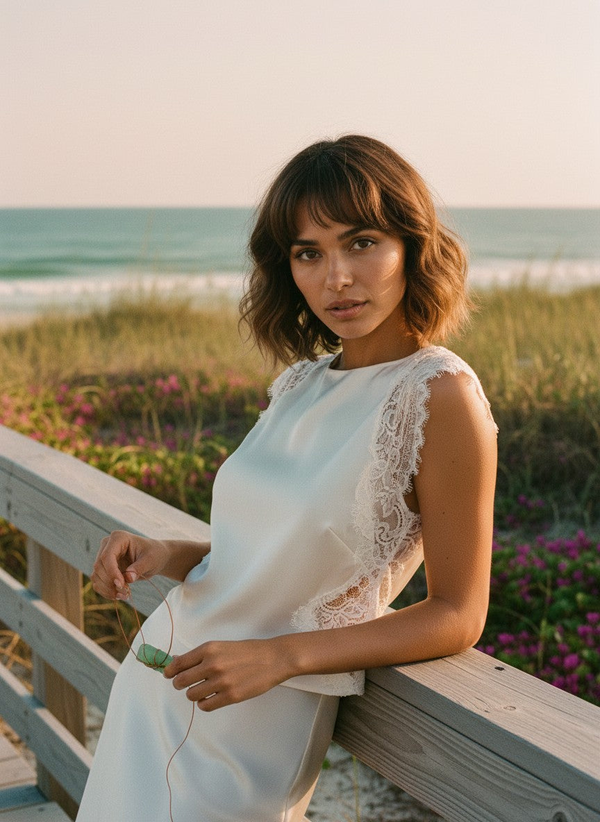 [AI-GEN] Sleeveless High Neck Lace Trim Crop Top
