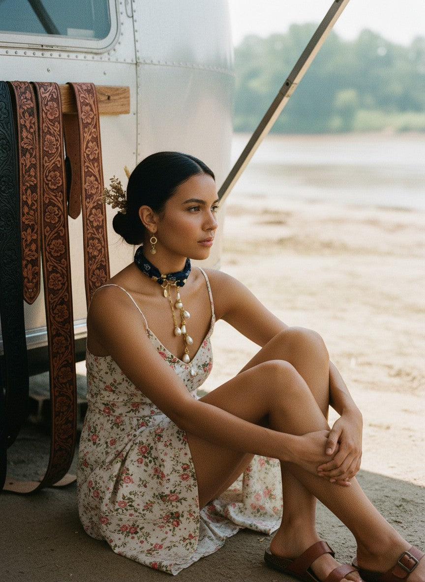[AI-GEN] Handmade Bandana & Pearl Drop Necklace or Belt