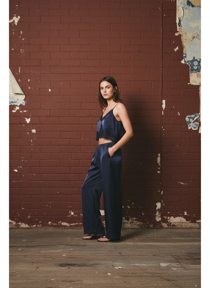 [AI-GEN] Elastic Waist Lace Trim Wide Leg Pants