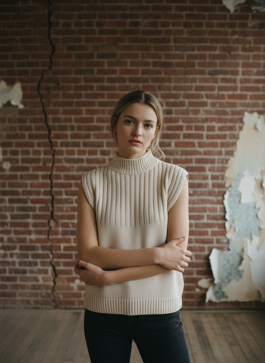 [AI-GEN] Mock Neck Sleeveless Knit Sweater Top