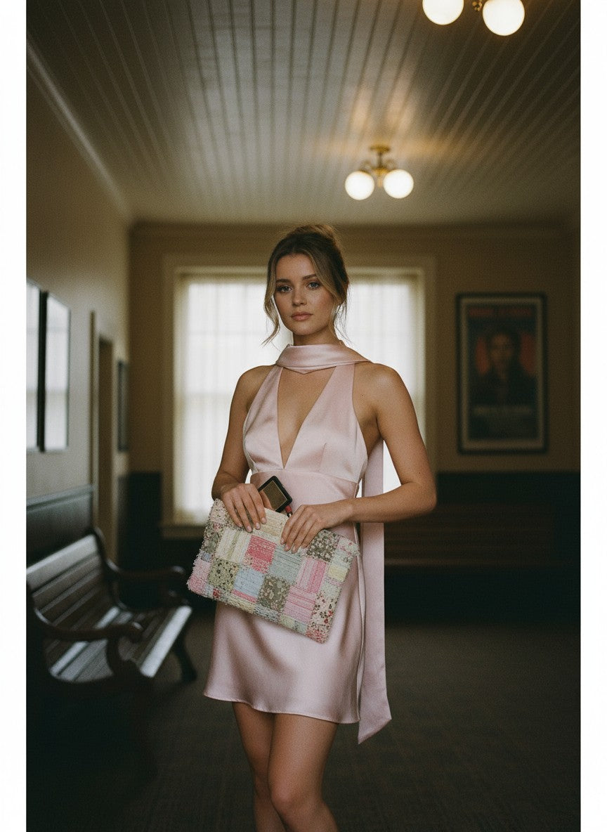 [AI-GEN] Attached Scarf Halter Neck Satin Mini Dress