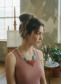 [AI-GEN] Handmade Turquoise & Coral Dagger Statement Necklace