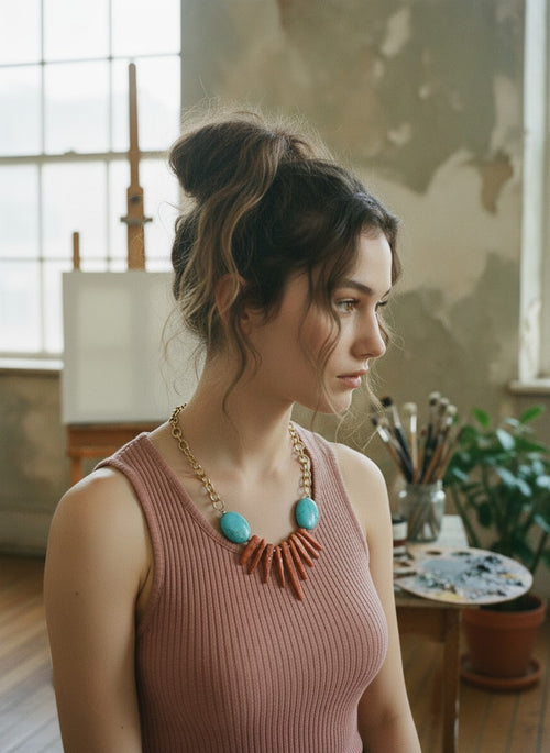 [AI-GEN] Handmade Turquoise & Coral Dagger Statement Necklace