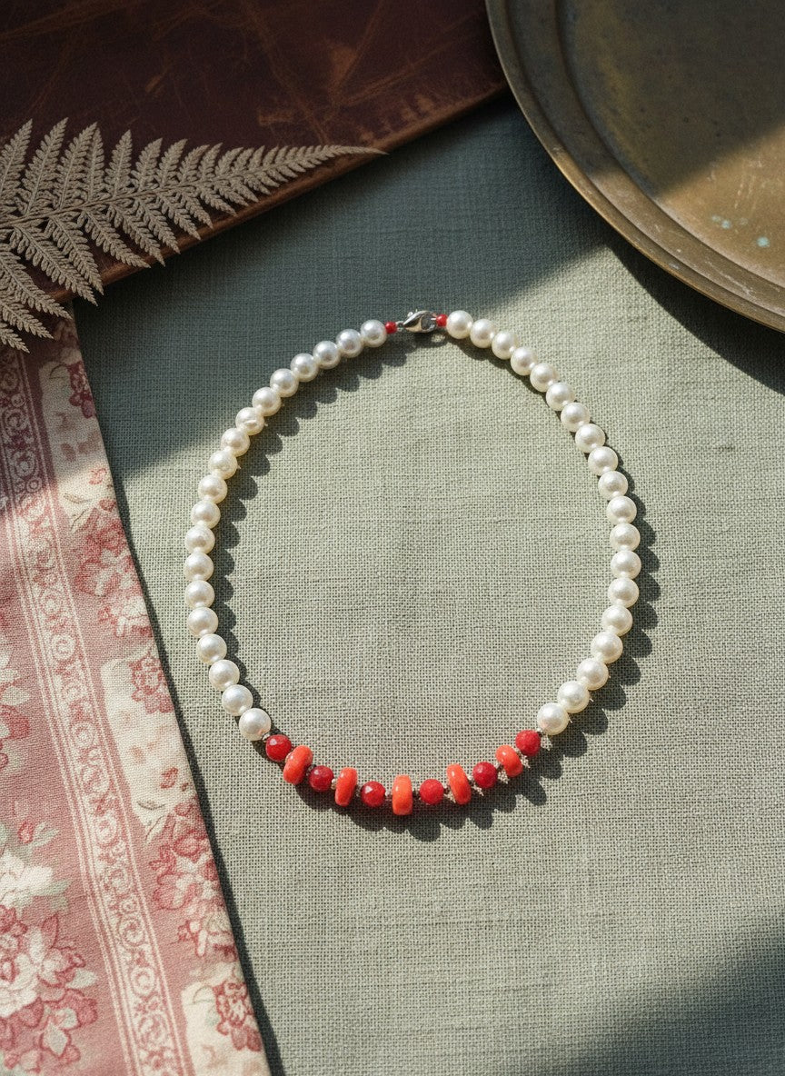 [AI-GEN] Handmade Coral & Pearl Chunky Necklace