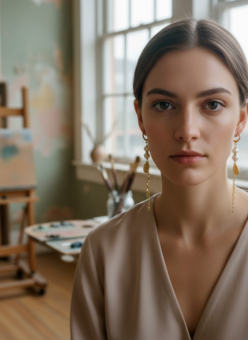 [AI-GEN] Handmade Medium Freshwater Pearl & Chain Fringe Earrings