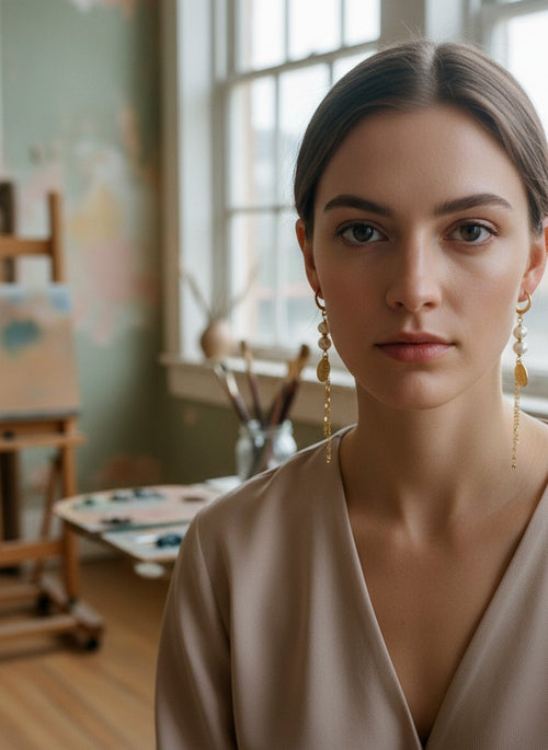 [AI-GEN] Handmade Medium Freshwater Pearl & Chain Fringe Earrings