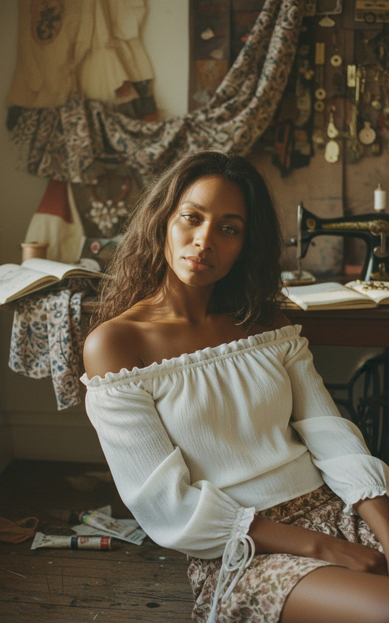[AI-GEN] Sadie & Sage Sepia Sky Off The Shoulder Top