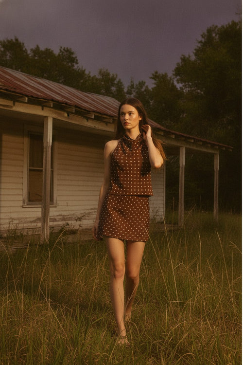 [AI-GEN] POLKA DOT HALTER COWL NECK TOP