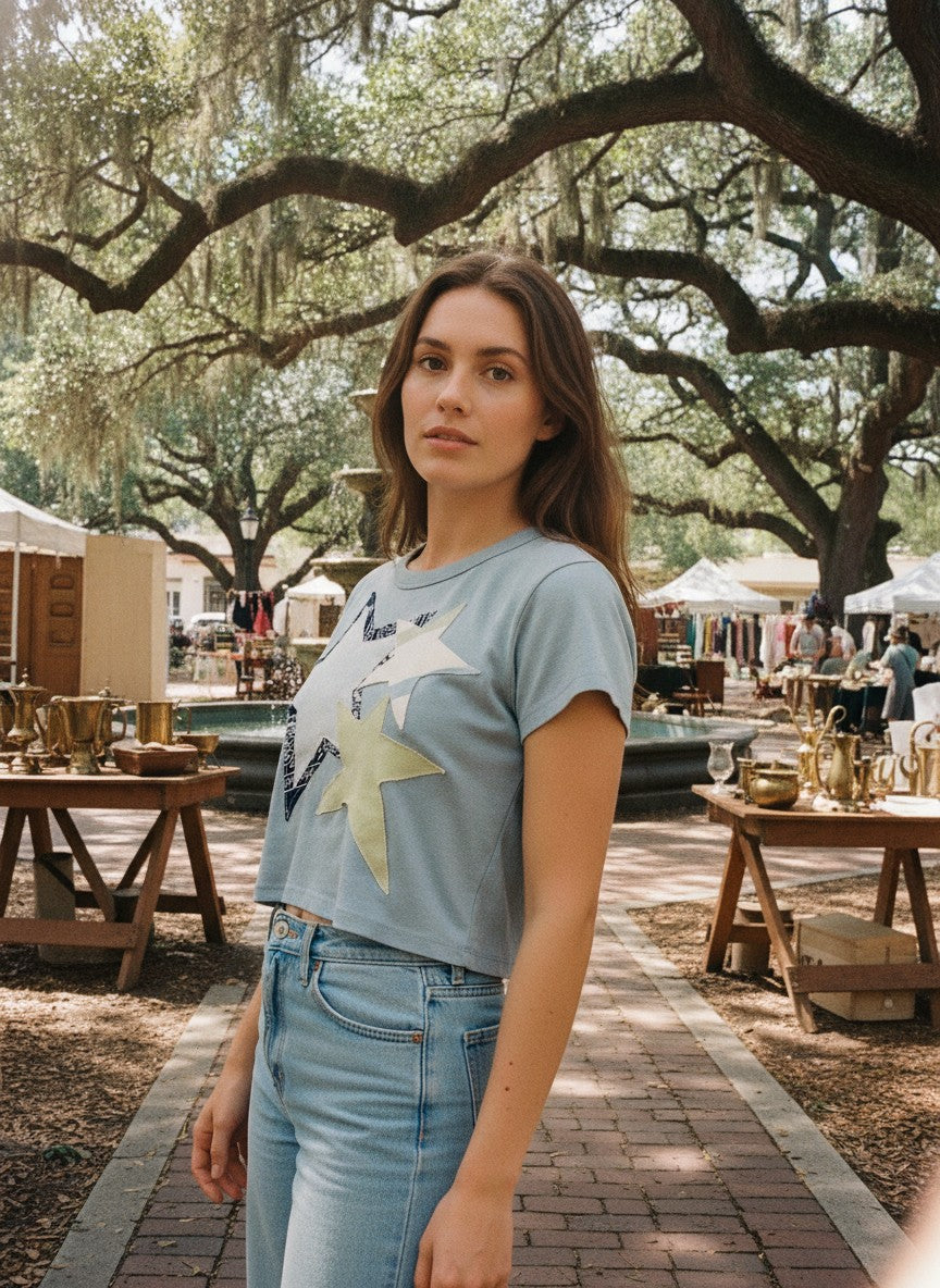 [AI-GEN] OOAK Bandana Denim & Stripe Star Patch Crop Tee