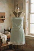 [AI-GEN] Strapless Satin Mini Dress with Lace Accents