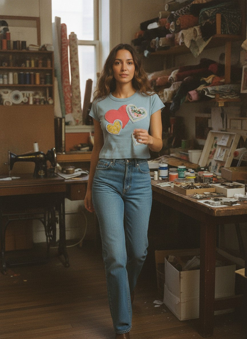 [AI-GEN] OOAK Bandana Denim & Stripe Heart Patch Crop Tee