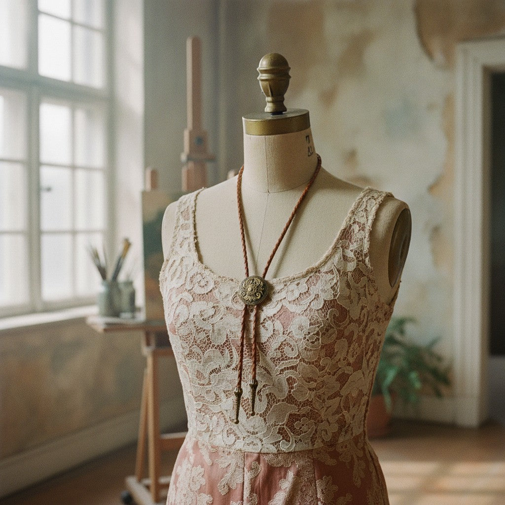 [AI-GEN] Western Floral Engraved Bolo Tie Necklace