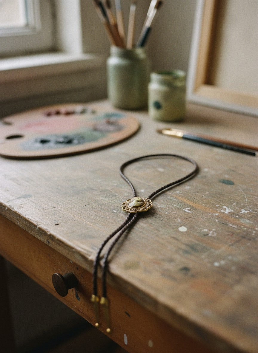 [AI-GEN] Handmade Braided Leather/Cameo Bolo