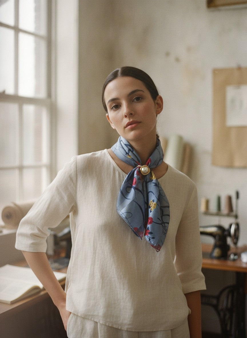 [AI-GEN] OOAK Vintage Satin Scarf & Scarf Charm