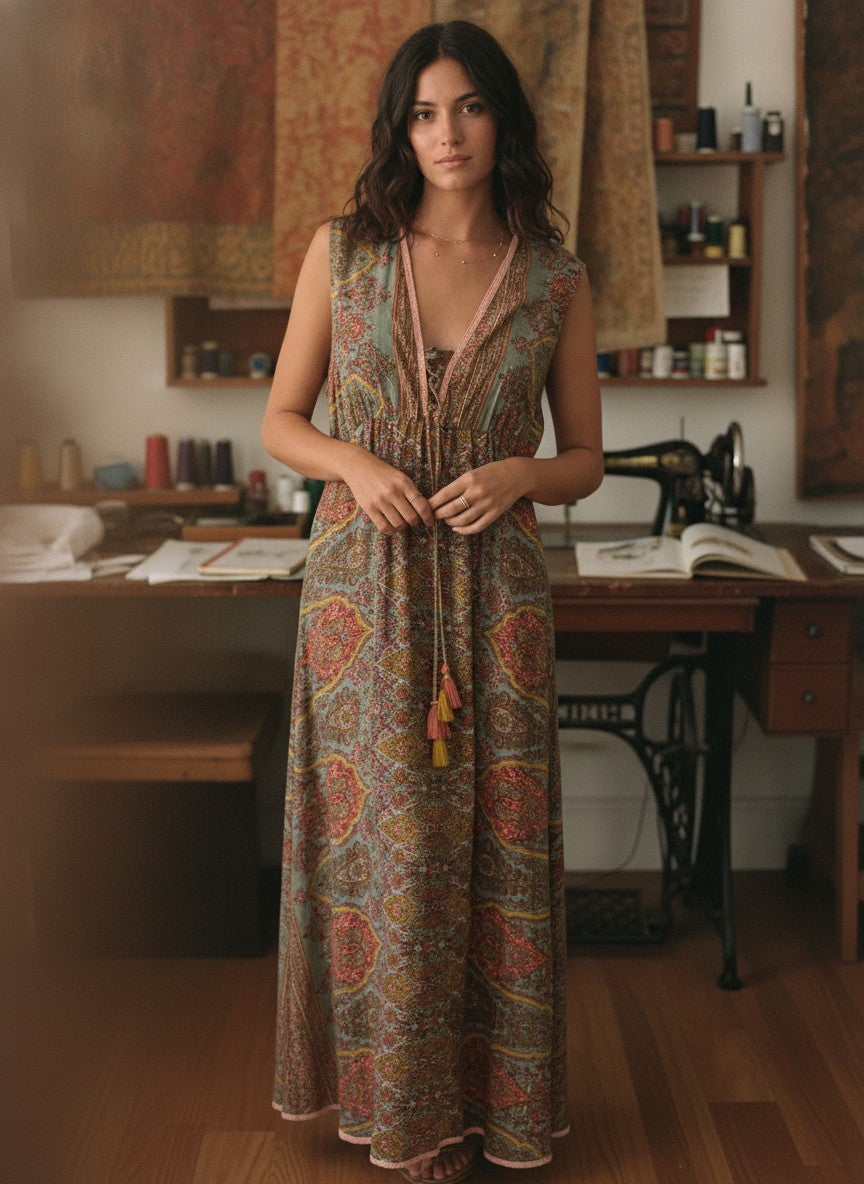 [AI-GEN] OOAK Vintage Silk Boho Maxi Dress