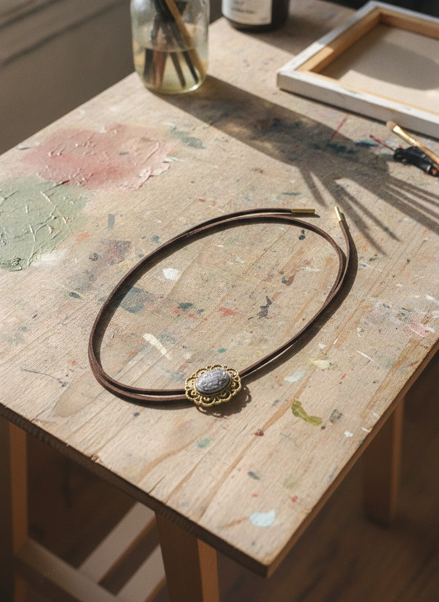 [AI-GEN] Handmade Large Cameo Flat Cord Bolo