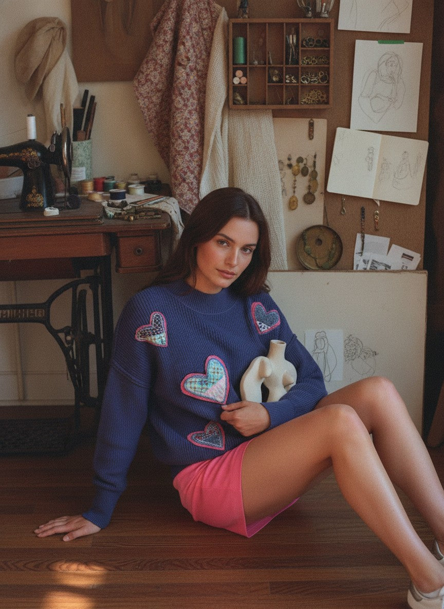 [AI-GEN] OOAK Heart Patchwork Mock Neck Sweater