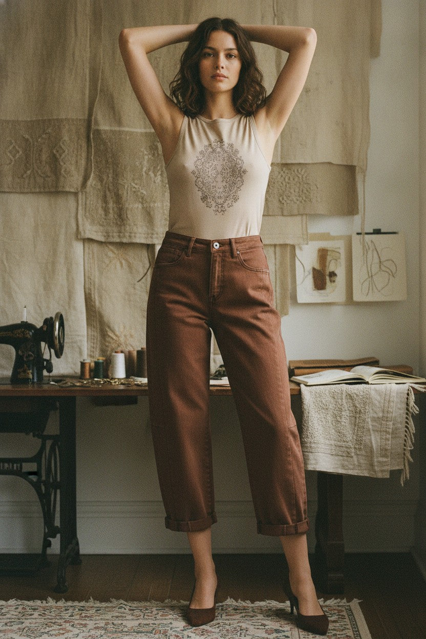 [AI-GEN] Bayeas High Rise Barrel Rolled Jeans
