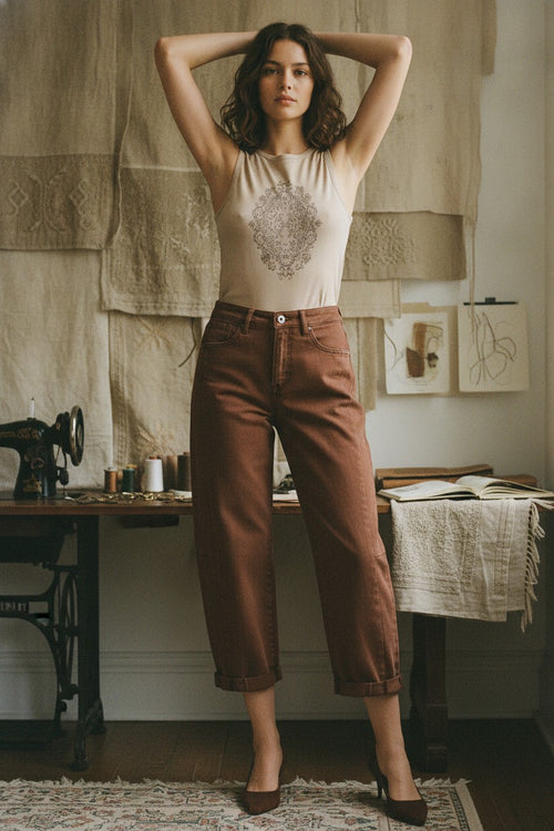 [AI-GEN] Bayeas High Rise Barrel Rolled Jeans