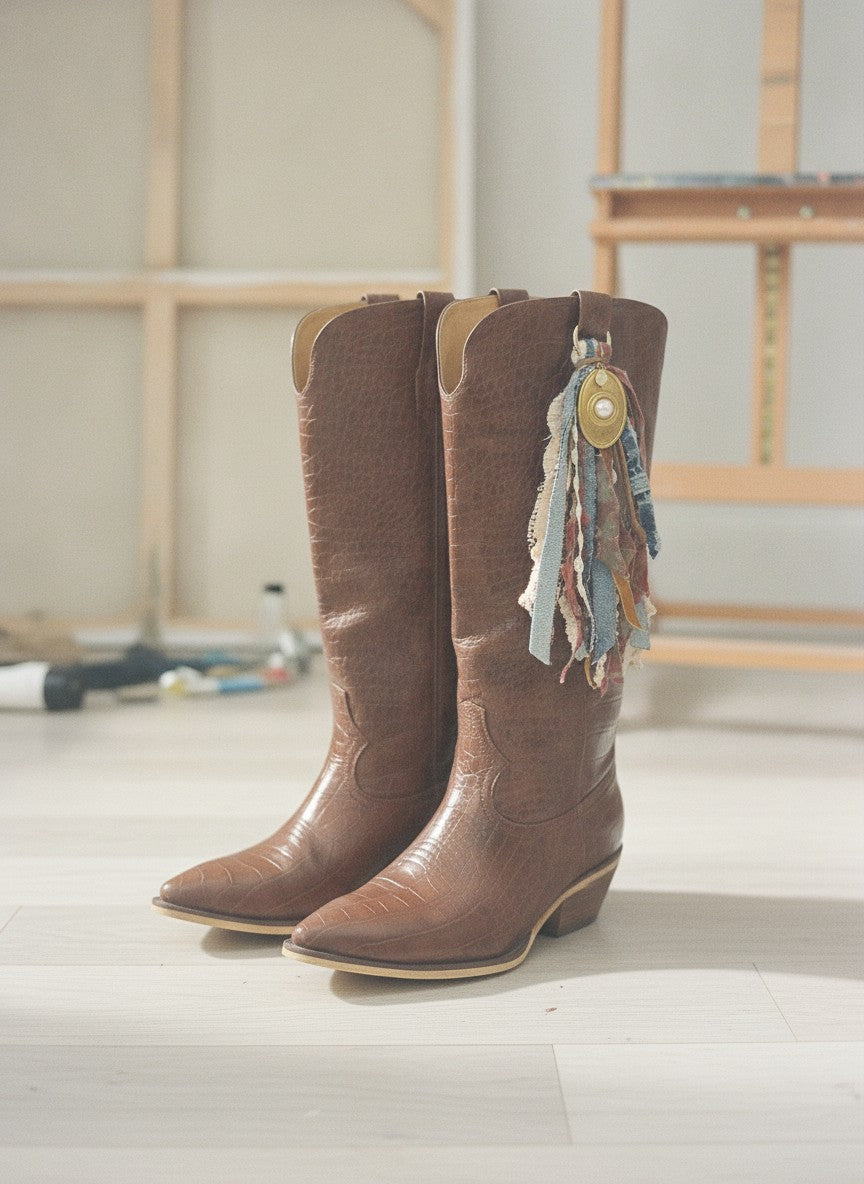 [AI-GEN] OOAK Brass Pearl & Denim Bag/Boot Charm