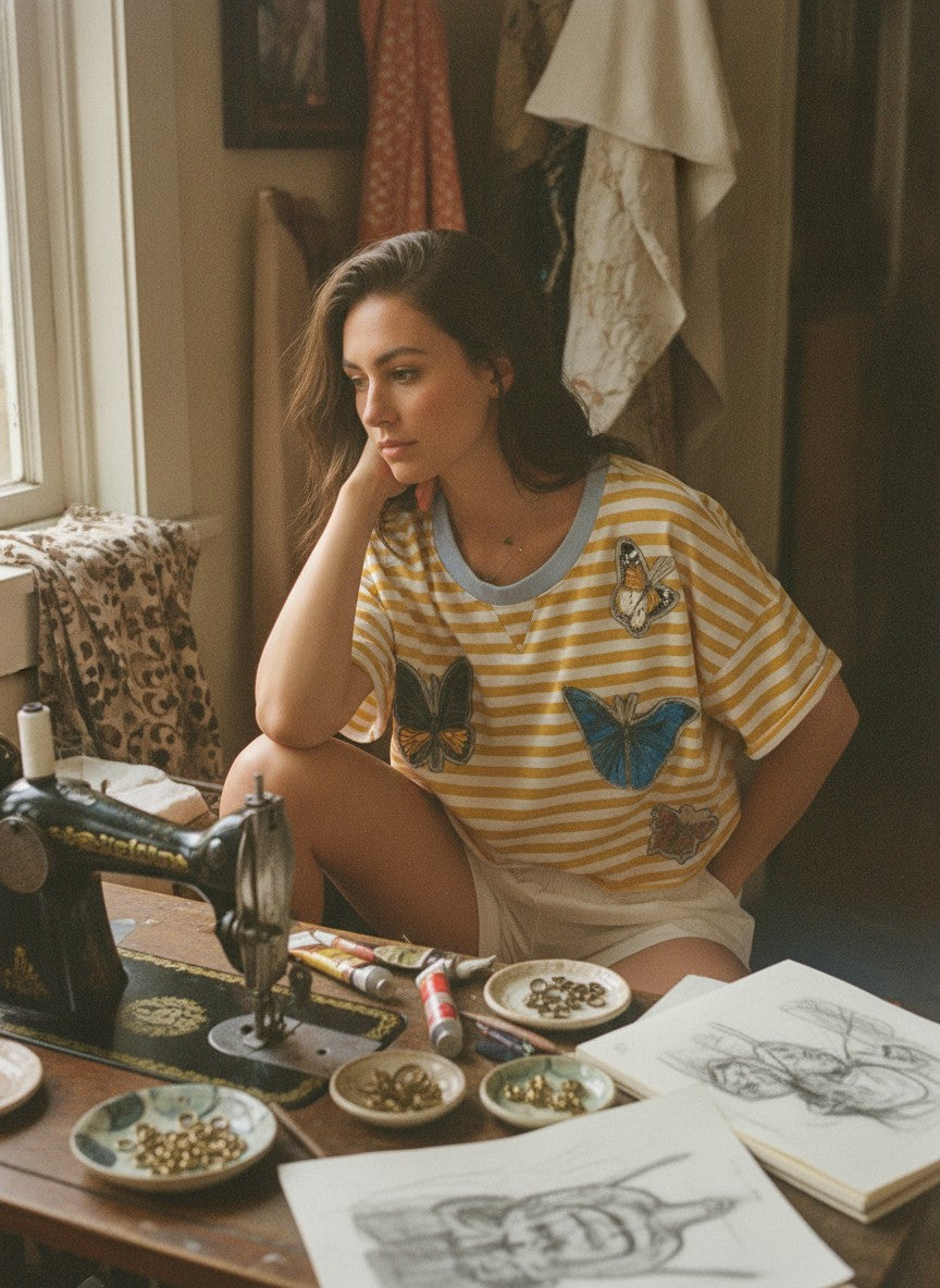 [AI-GEN] OOAK Stripe Butterfly Patch Tee