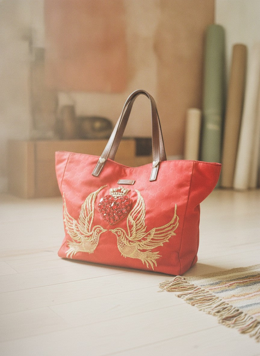 [AI-GEN] OOAK Bird Song Vintage Gucci Nylon Satchel