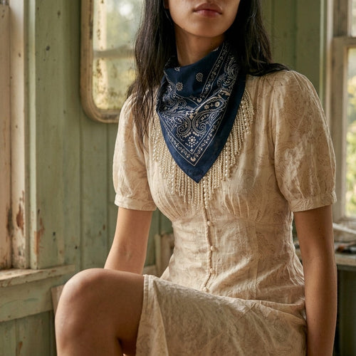 [AI-GEN] OOAK Navy & Pearls Fringe Bandana