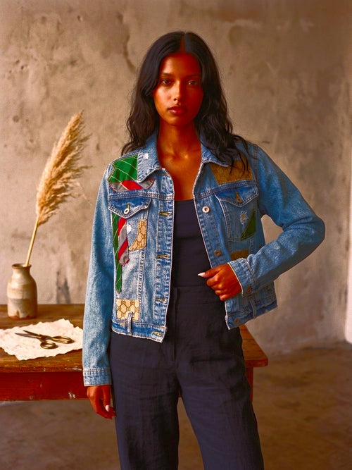[AI-GEN] OOAK The Silk & Story Reworked Denim Jacket