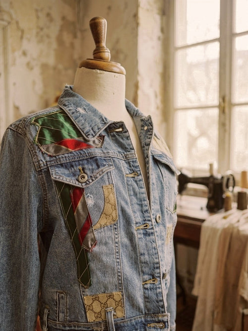 [AI-GEN] OOAK The Silk & Story Reworked Denim Jacket