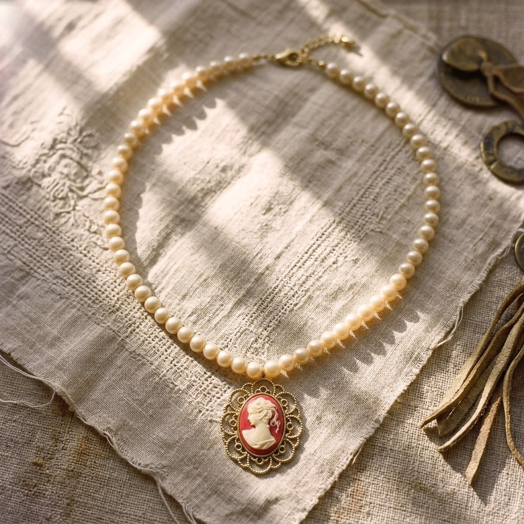 [AI-GEN] Handmade Vintage Red Cameo Pearl Necklace