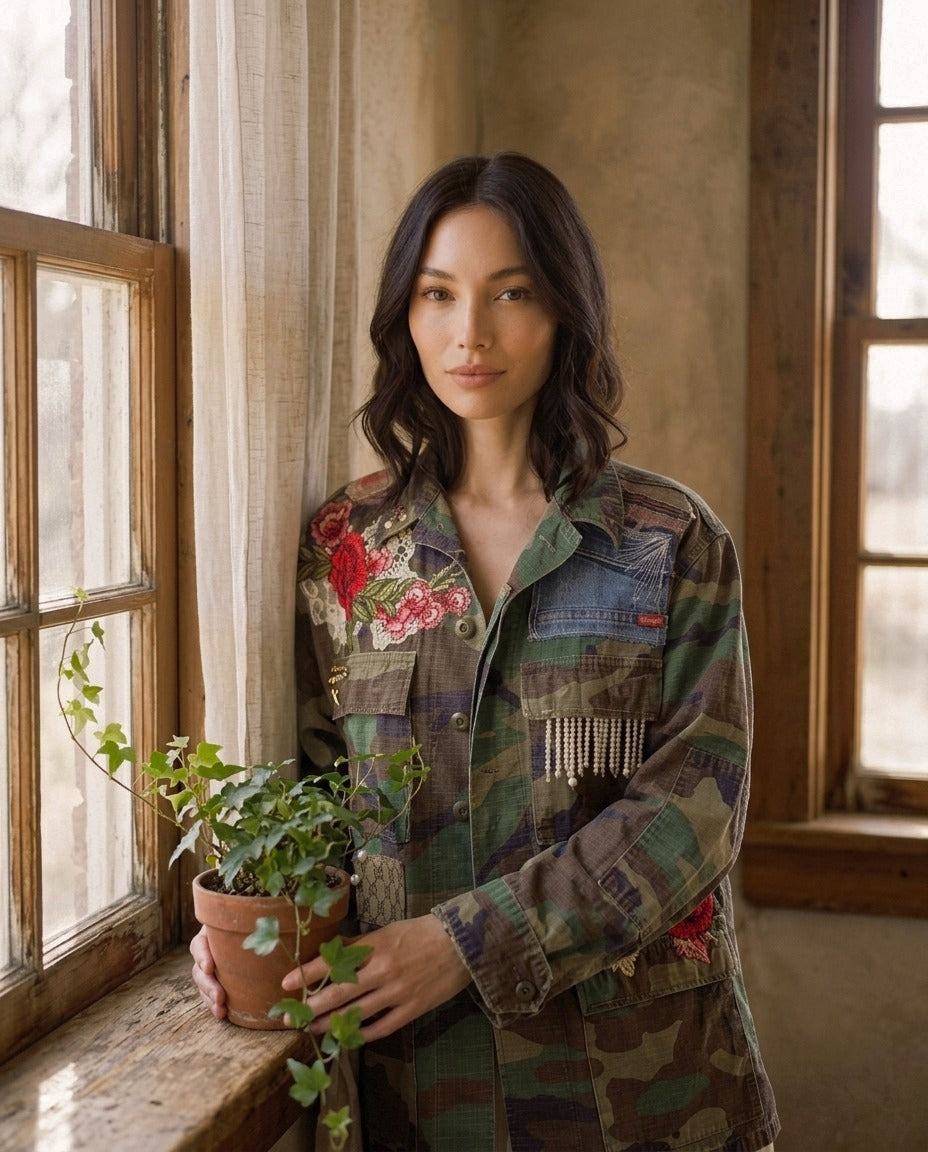 [AI-GEN] Wild Bloom — One-of-a-Kind Upcycled Military Jacket