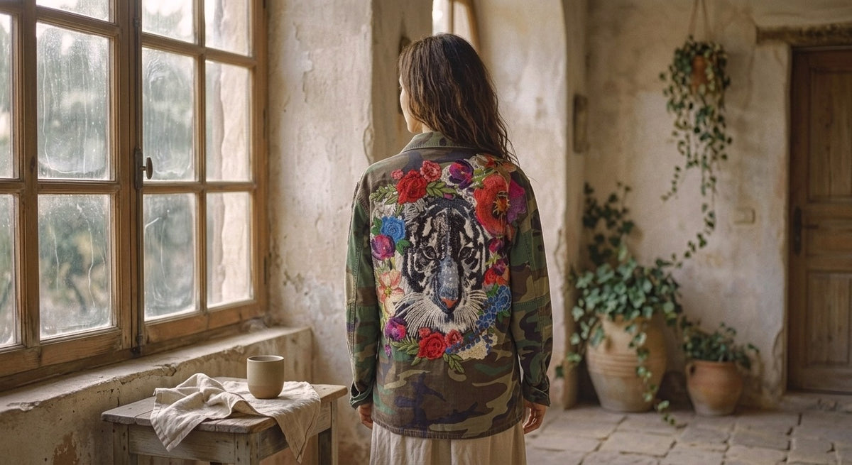 [AI-GEN] Wild Bloom — One-of-a-Kind Upcycled Military Jacket