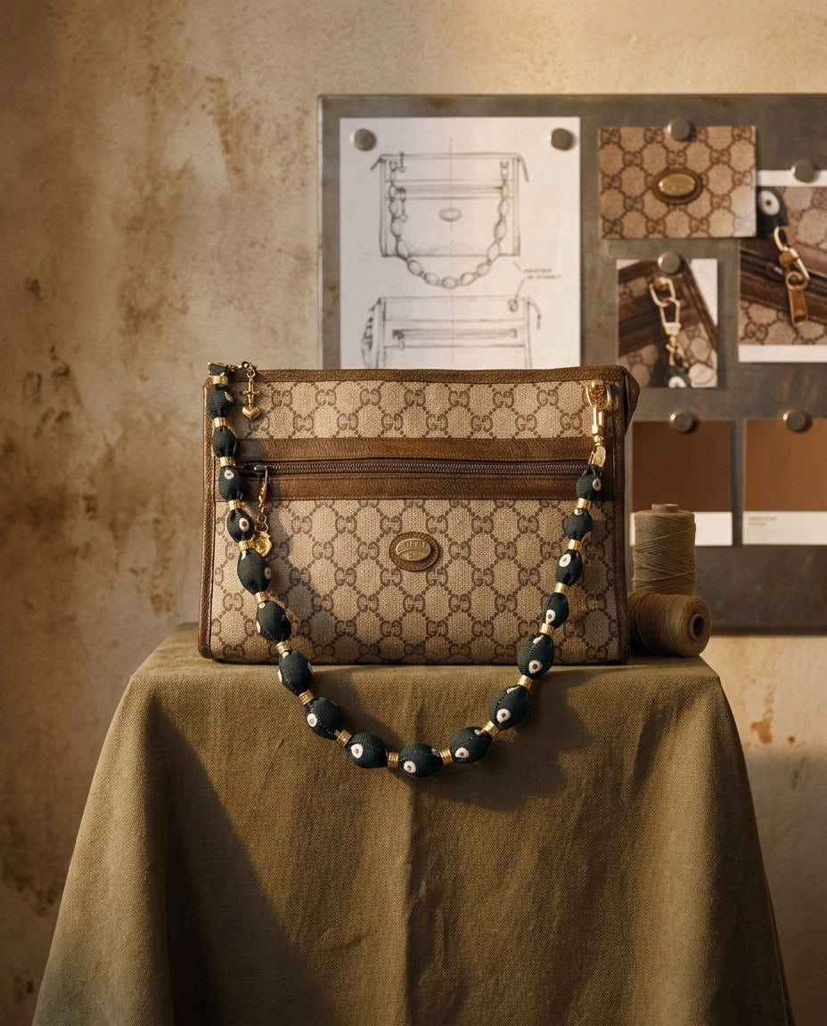 [AI-GEN] OOAK Vintage Gucci Plus Monogram Bag w/ a Repurposed Vintage-Tie Strap