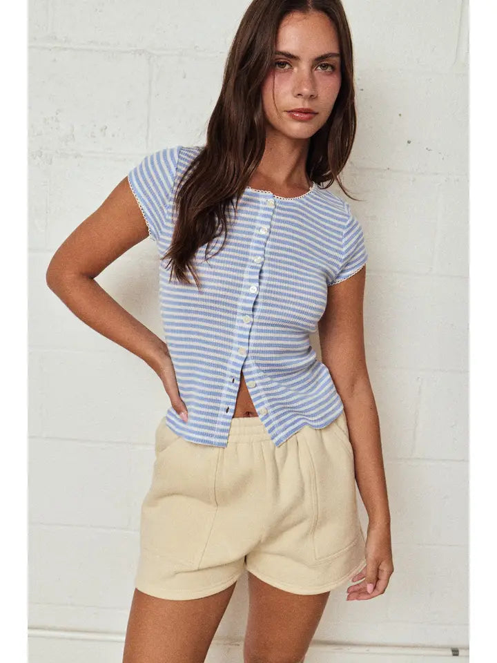Striped Ribbed Button Front Top