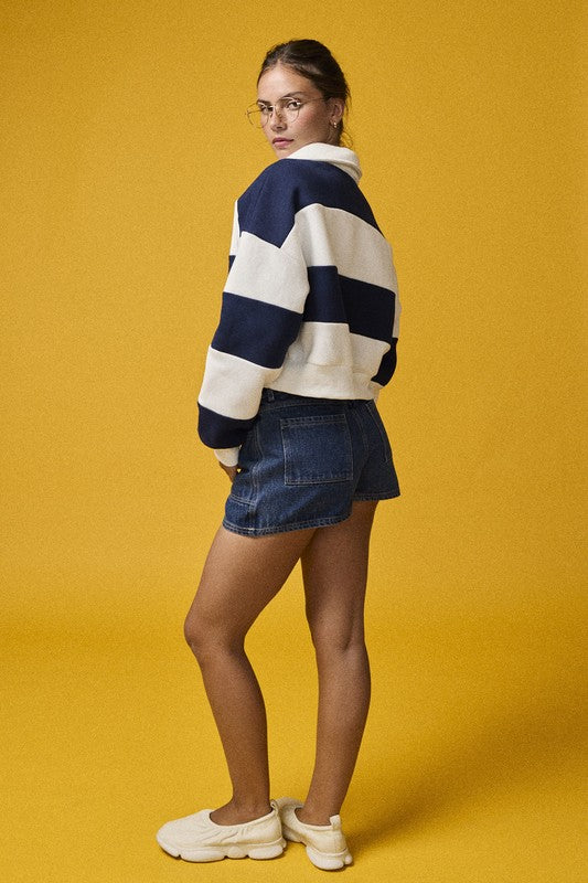 Cropped Zip-Up Collar Ls Striped Sweater Top