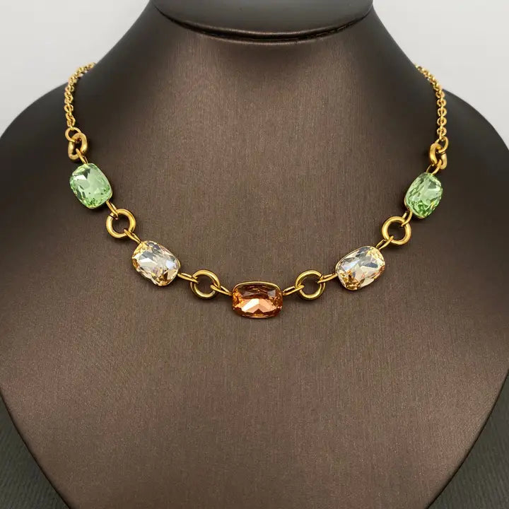 Colored Zircon Inlaid 18K Gold Plated S.Steel Necklace