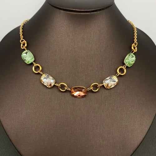 Colored Zircon Inlaid 18K Gold Plated S.Steel Necklace